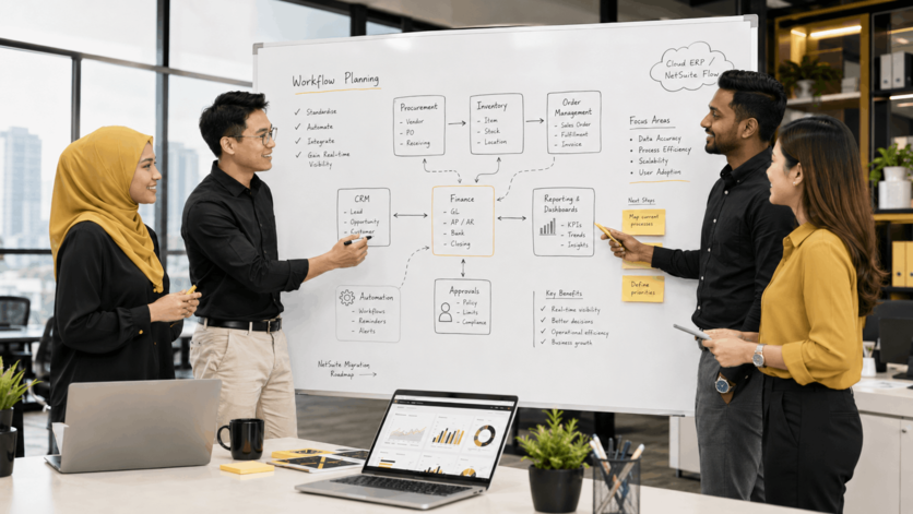 Malaysian SME team planning business operating model before NetSuite ERP implementation