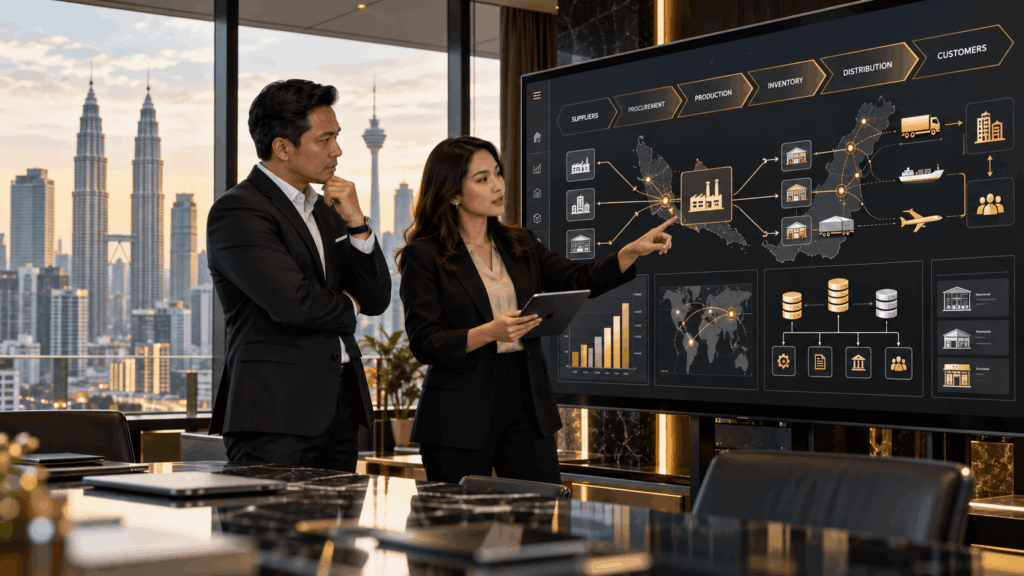 Two business professionals analyzing a supply chain and operations dashboard, representing the evaluation of ERP software in Malaysia.