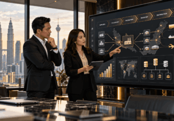 Two business professionals analyzing a supply chain and operations dashboard, representing the evaluation of ERP software in Malaysia.