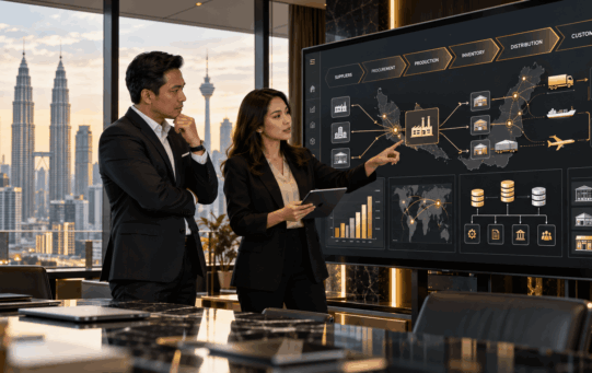 Two business professionals analyzing a supply chain and operations dashboard, representing the evaluation of ERP software in Malaysia.