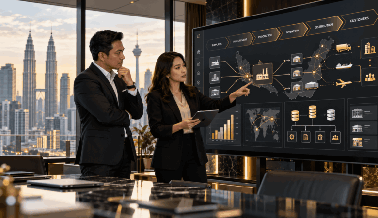 Two business professionals analyzing a supply chain and operations dashboard, representing the evaluation of ERP software in Malaysia.