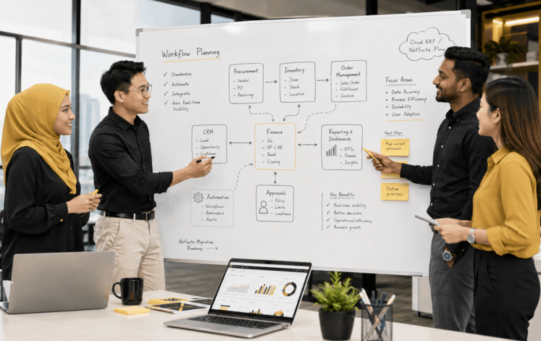 Malaysian SME team planning business operating model before NetSuite ERP implementation